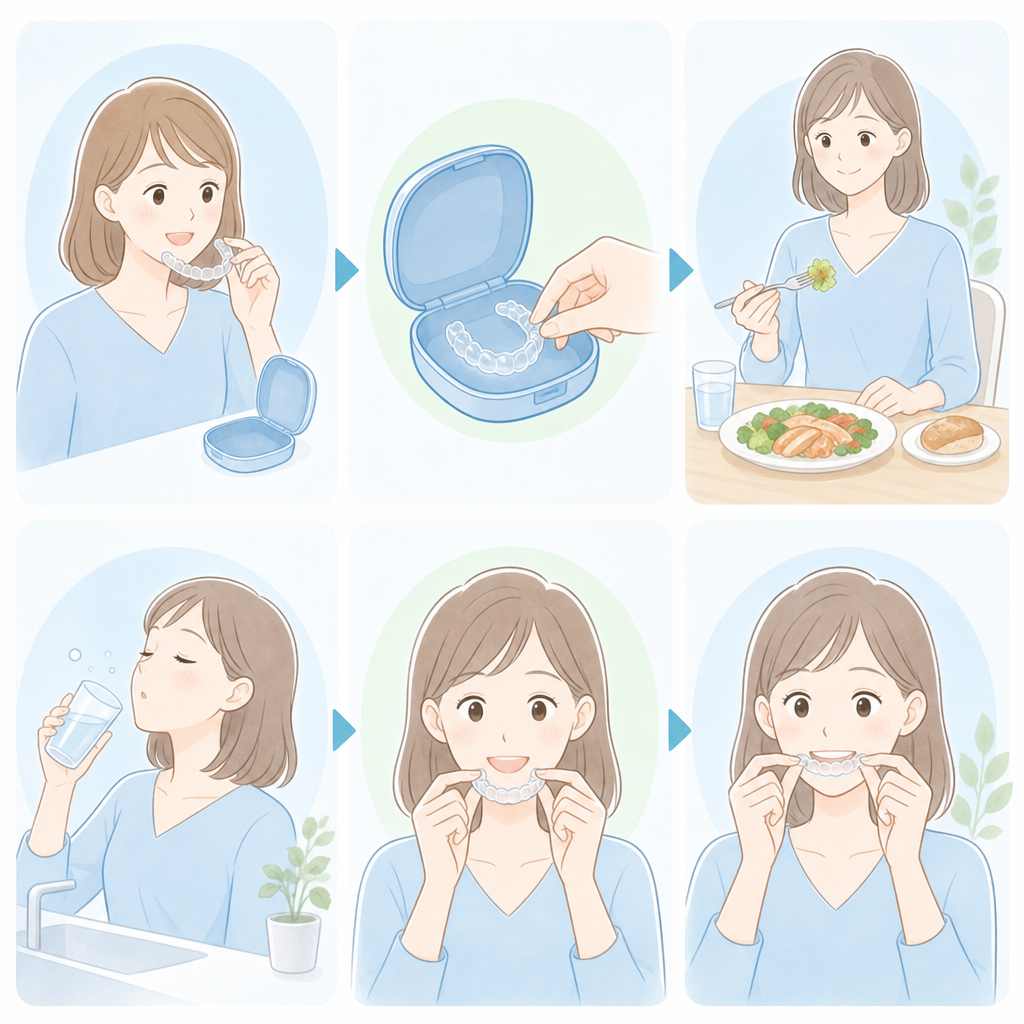 マウスピース矯正中の外食時の基本ステップを示すイラスト