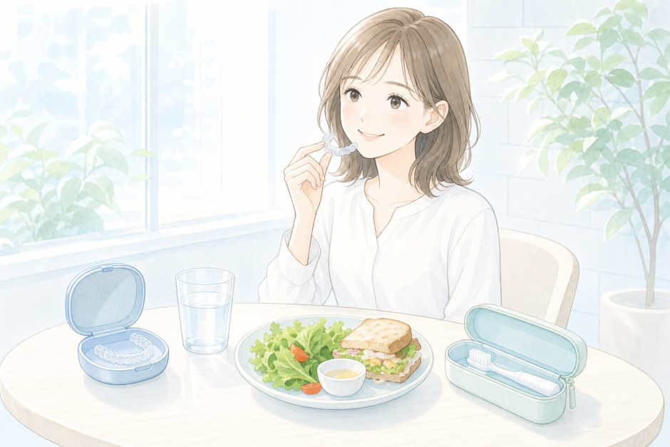 外食中のマウスピース矯正のつけ外しをイメージした清潔感のあるイラスト