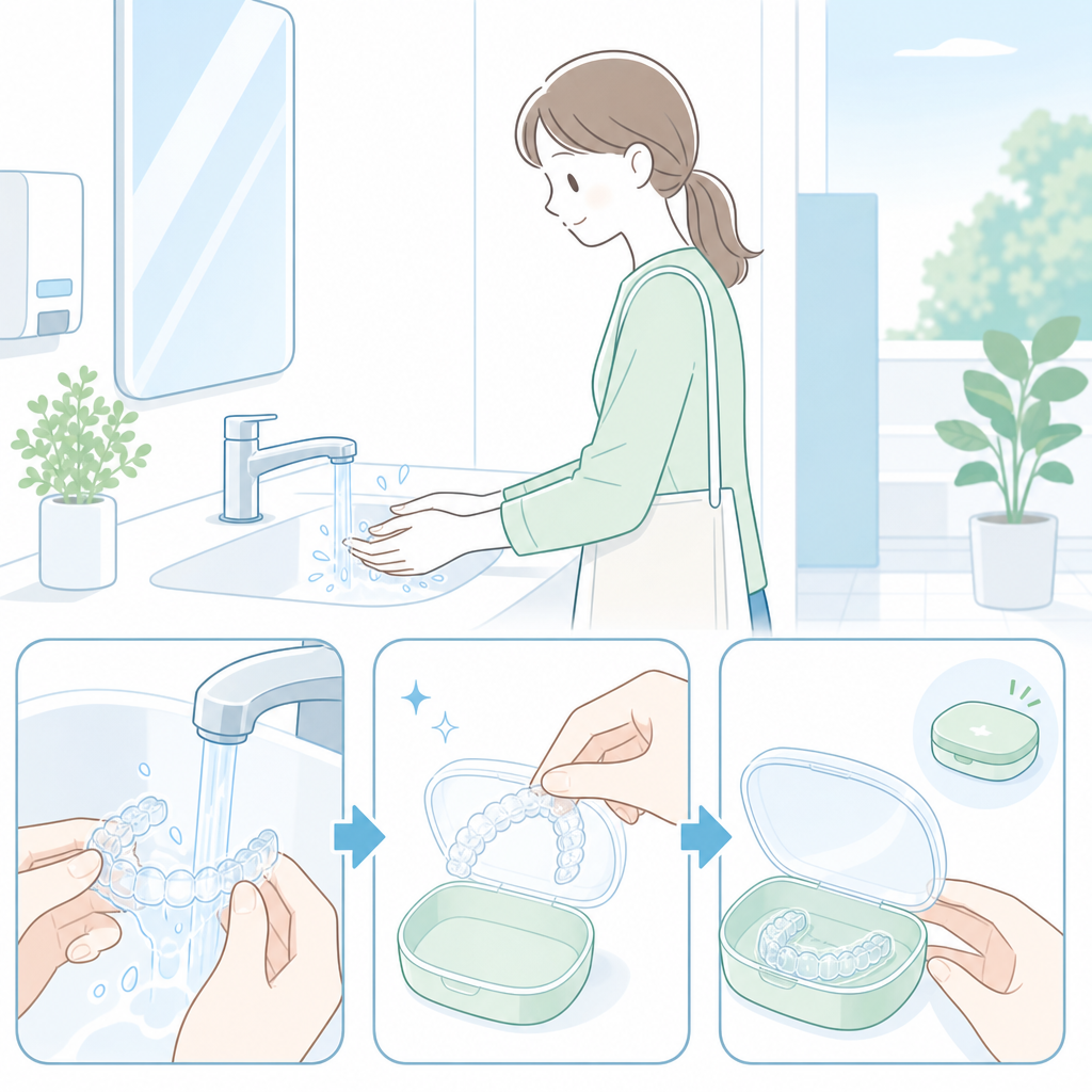 外出先でマウスピースを外して専用ケースに保管するイラスト