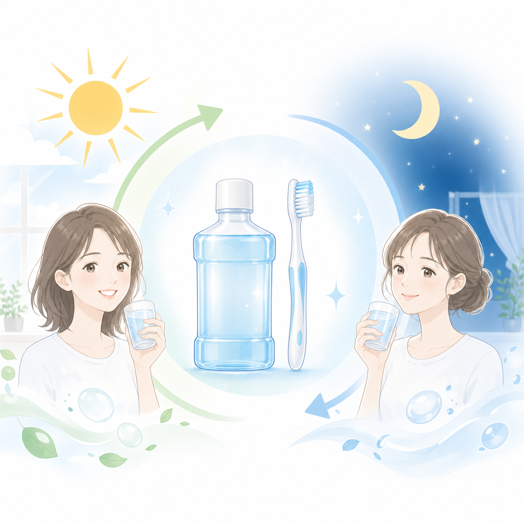 マウスウォッシュを朝と夜に使うタイミングの説明イメージ