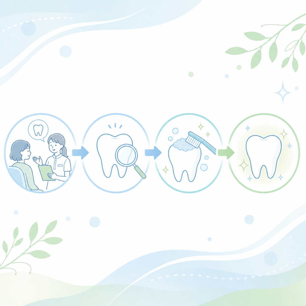 歯科医院での相談からクリーニング、ホワイトニングまでの流れを示すイラスト