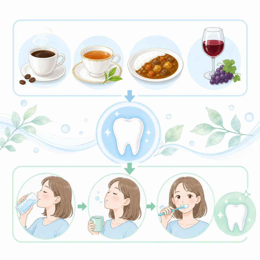 ホワイトニング後に着色しやすい飲食物とケア方法の説明イラスト